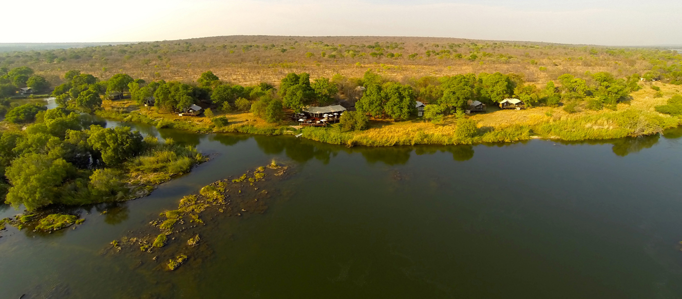 aerial view of Zambezi Sands River Lodge from river side