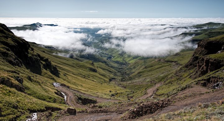 Looking down the Sani Pass from above the clouds